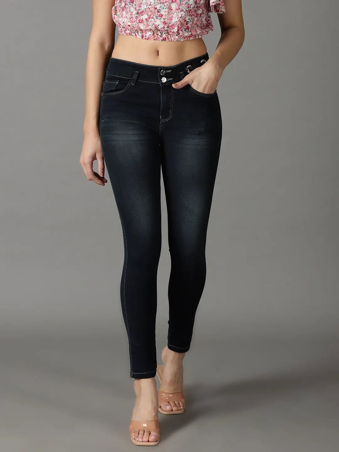 Women's Navy Blue Solid Slim Fit Denim Jeans