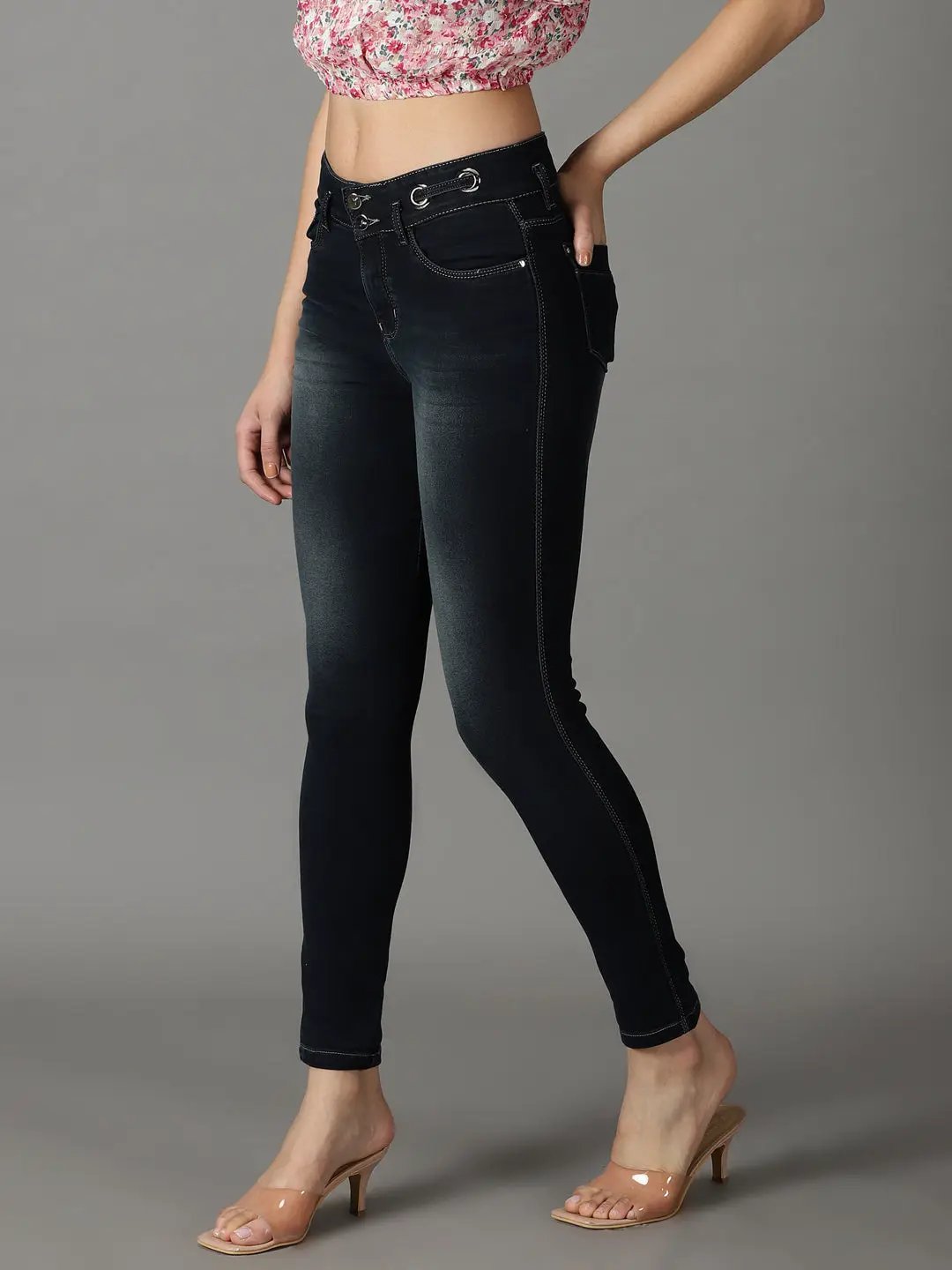Women's Navy Blue Solid Slim Fit Denim Jeans