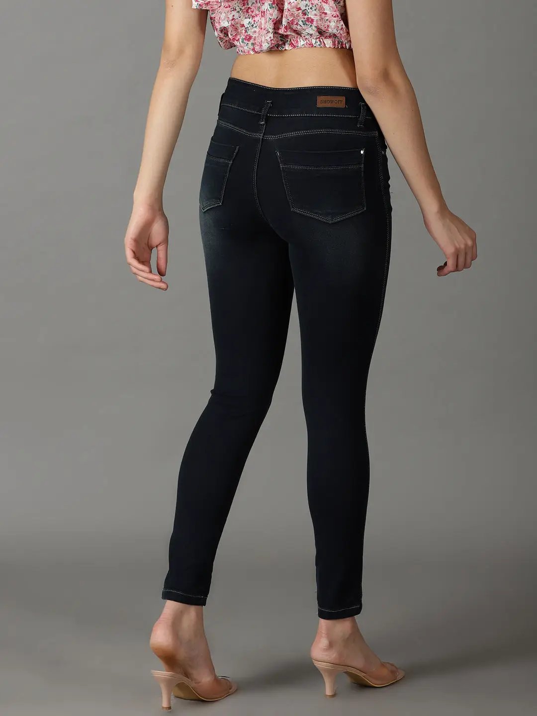 Women's Navy Blue Solid Slim Fit Denim Jeans