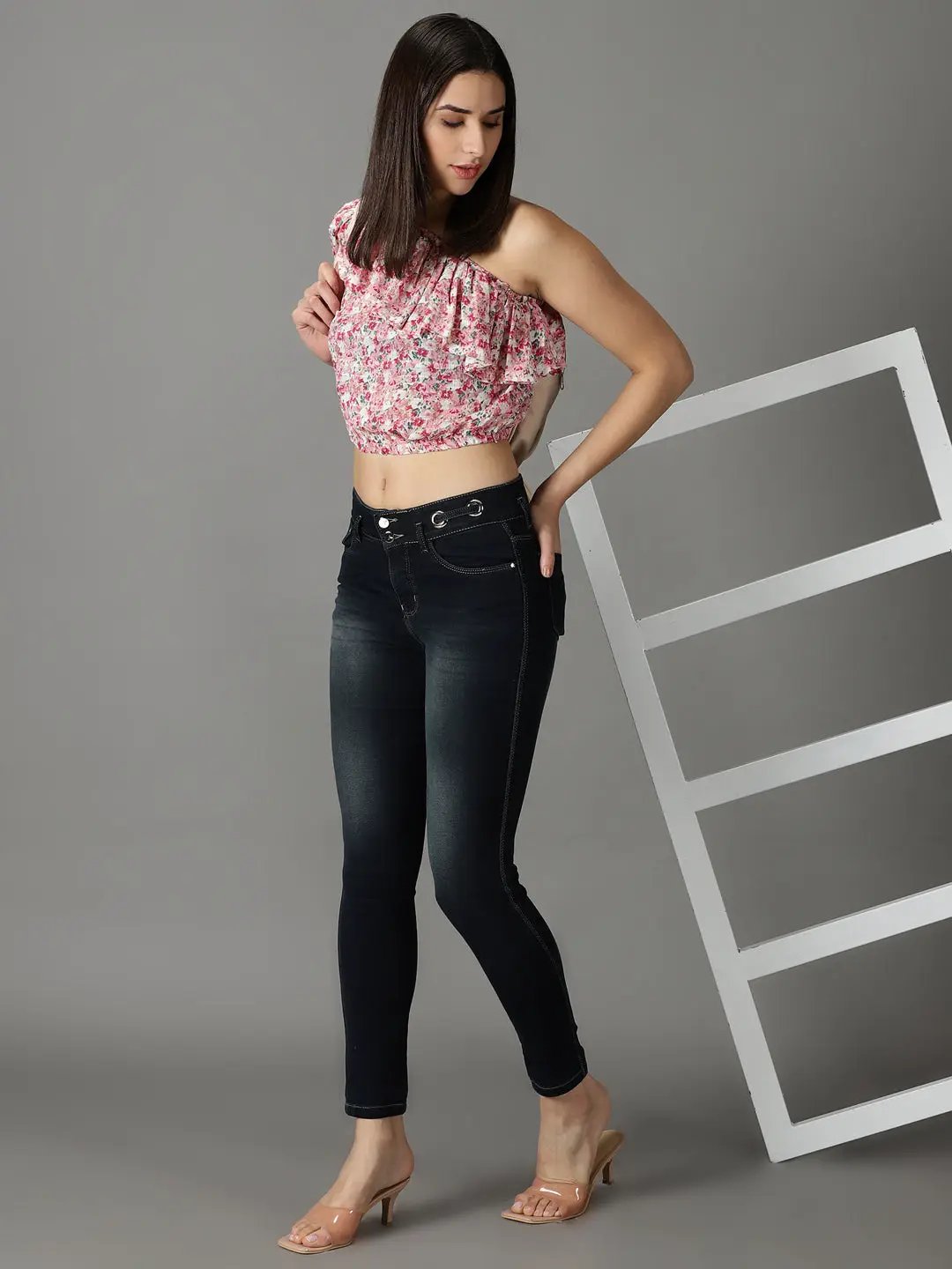 Women's Navy Blue Solid Slim Fit Denim Jeans