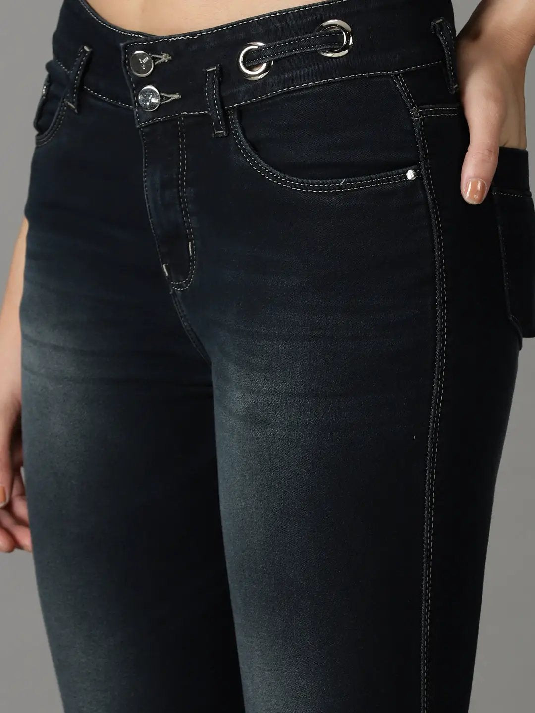 Women's Navy Blue Solid Slim Fit Denim Jeans