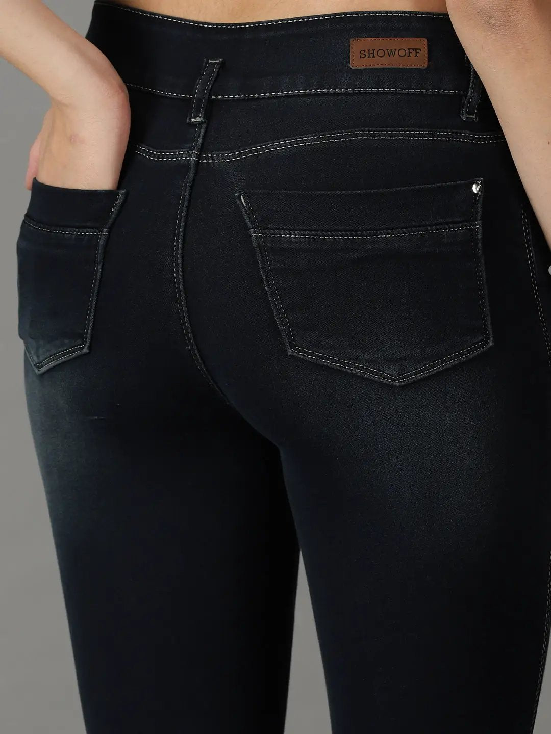 Women's Navy Blue Solid Slim Fit Denim Jeans