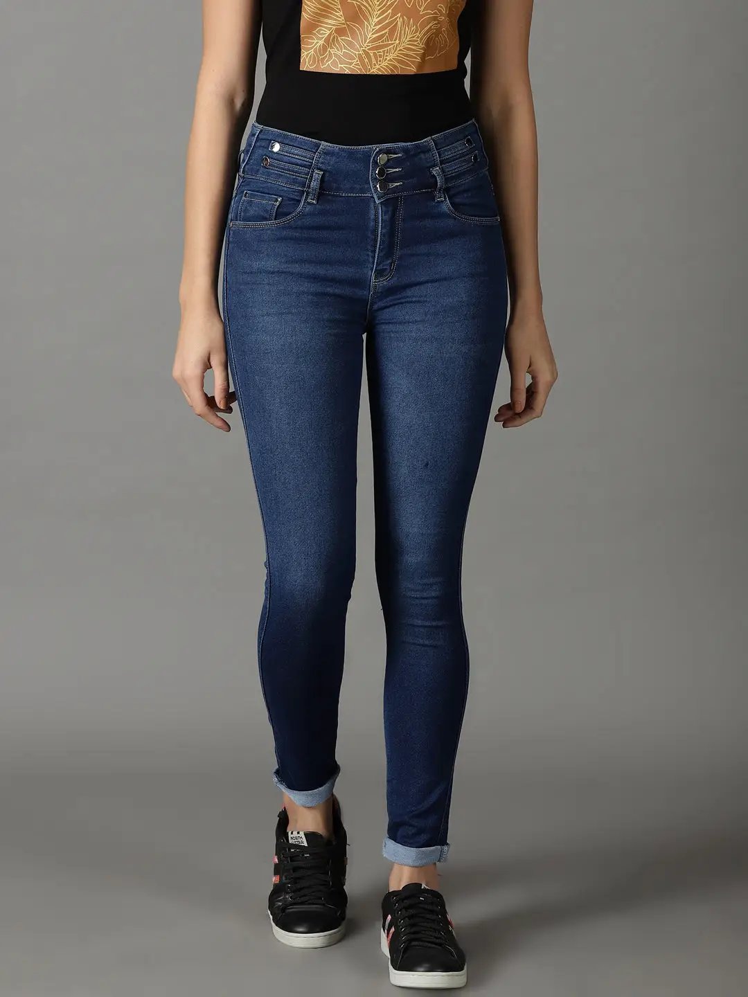 Women's Blue Solid Regular Fit Denim Jeans