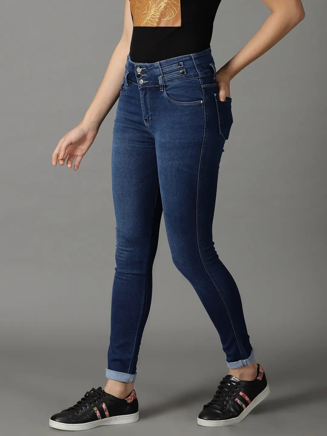 Women's Blue Solid Regular Fit Denim Jeans
