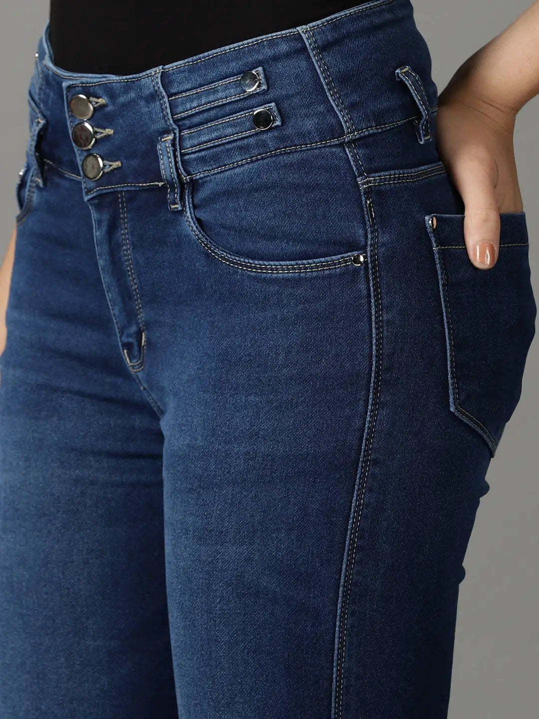 Women's Blue Solid Regular Fit Denim Jeans