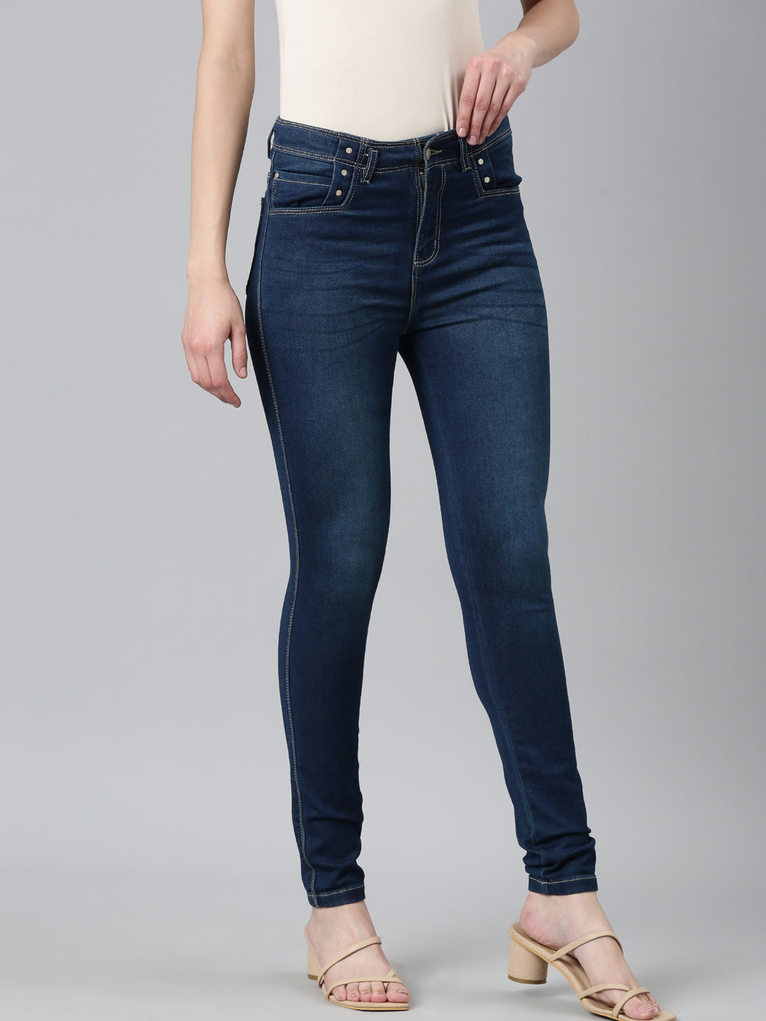 Women Navy Blue Solid Slim Fit Denim Jeans