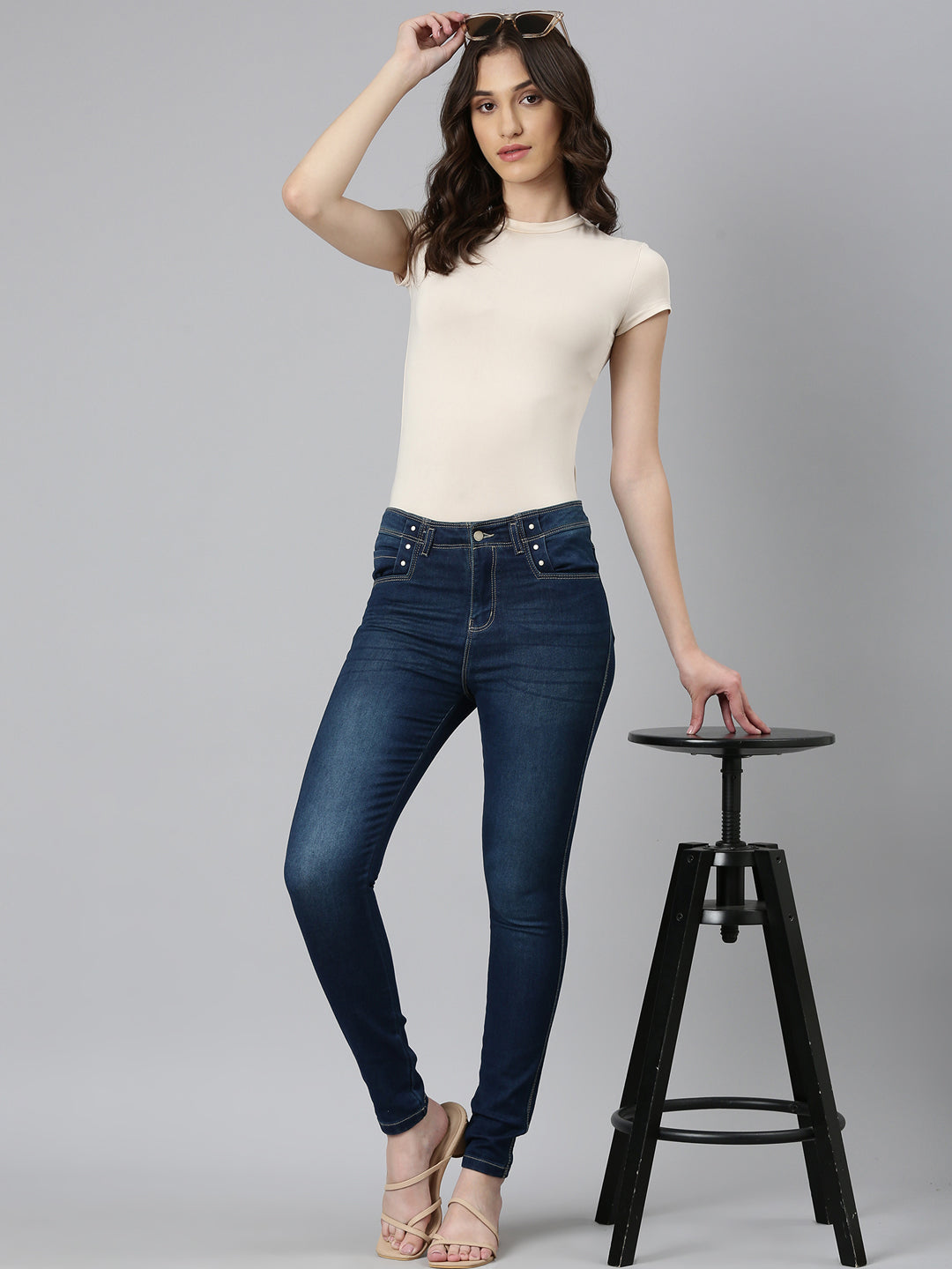 Women Navy Blue Solid Slim Fit Denim Jeans