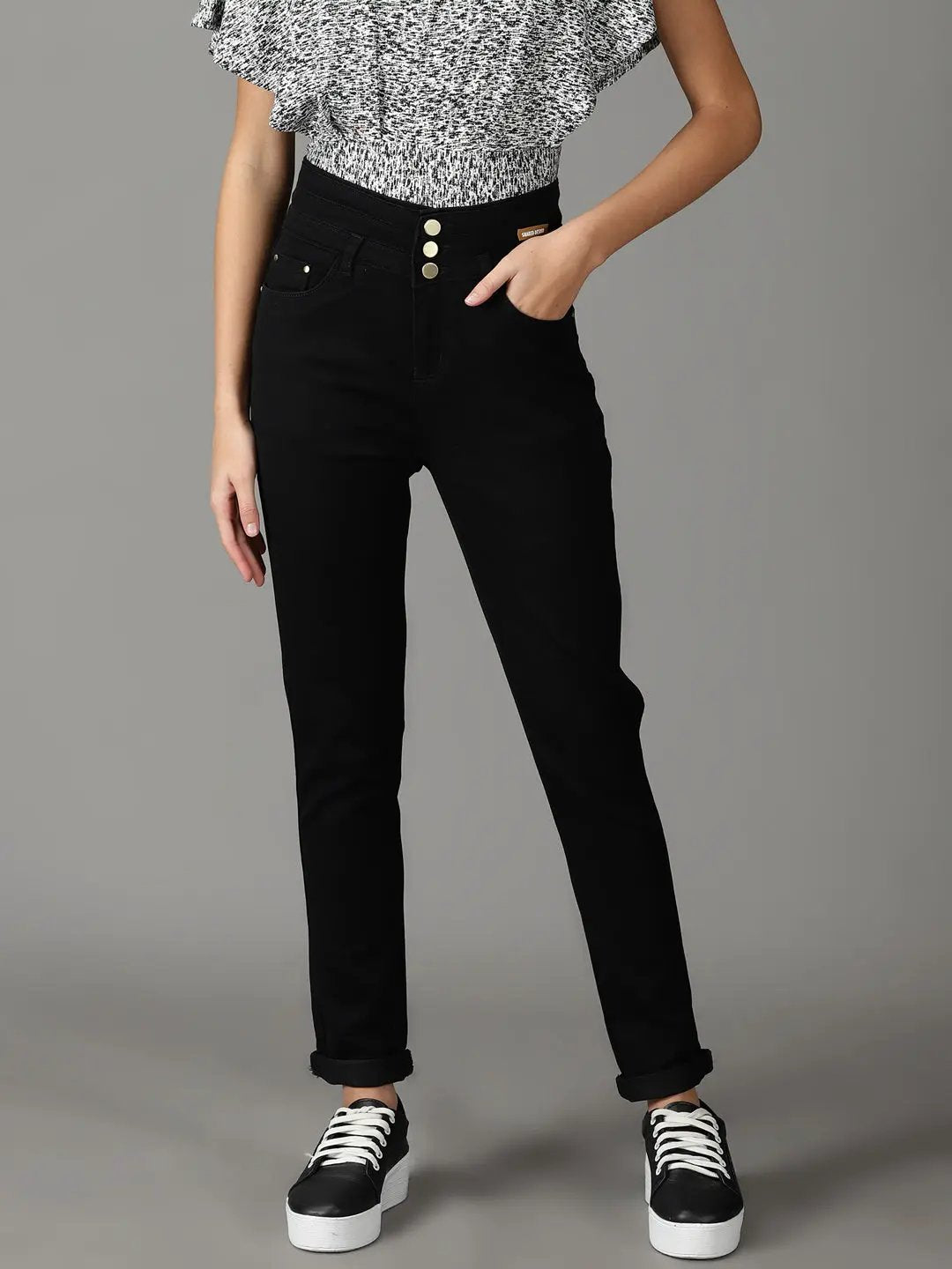 Women's Black Solid Slim Fit Denim Jeans