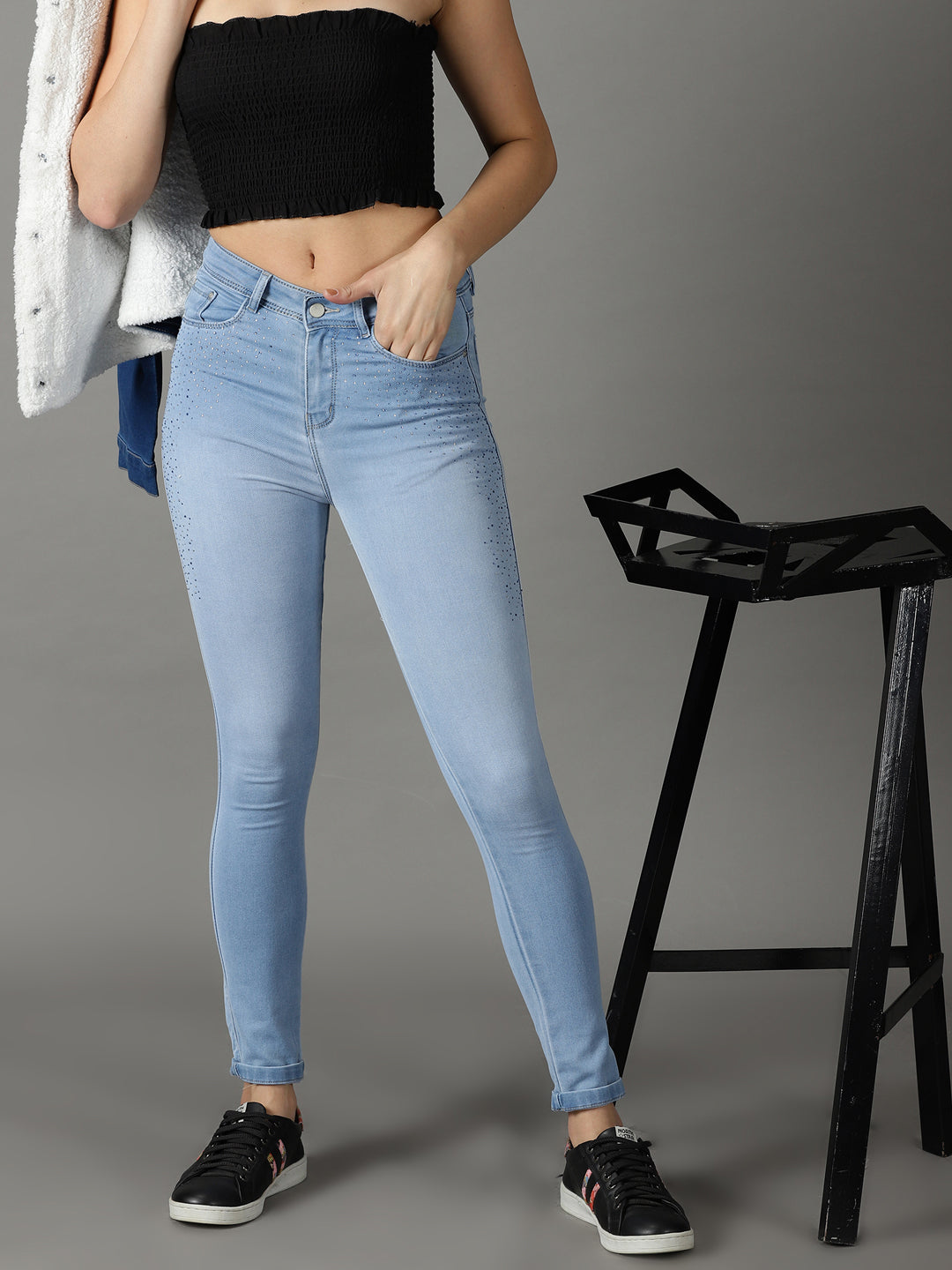 Women's Blue Solid Slim Fit Denim Jeans