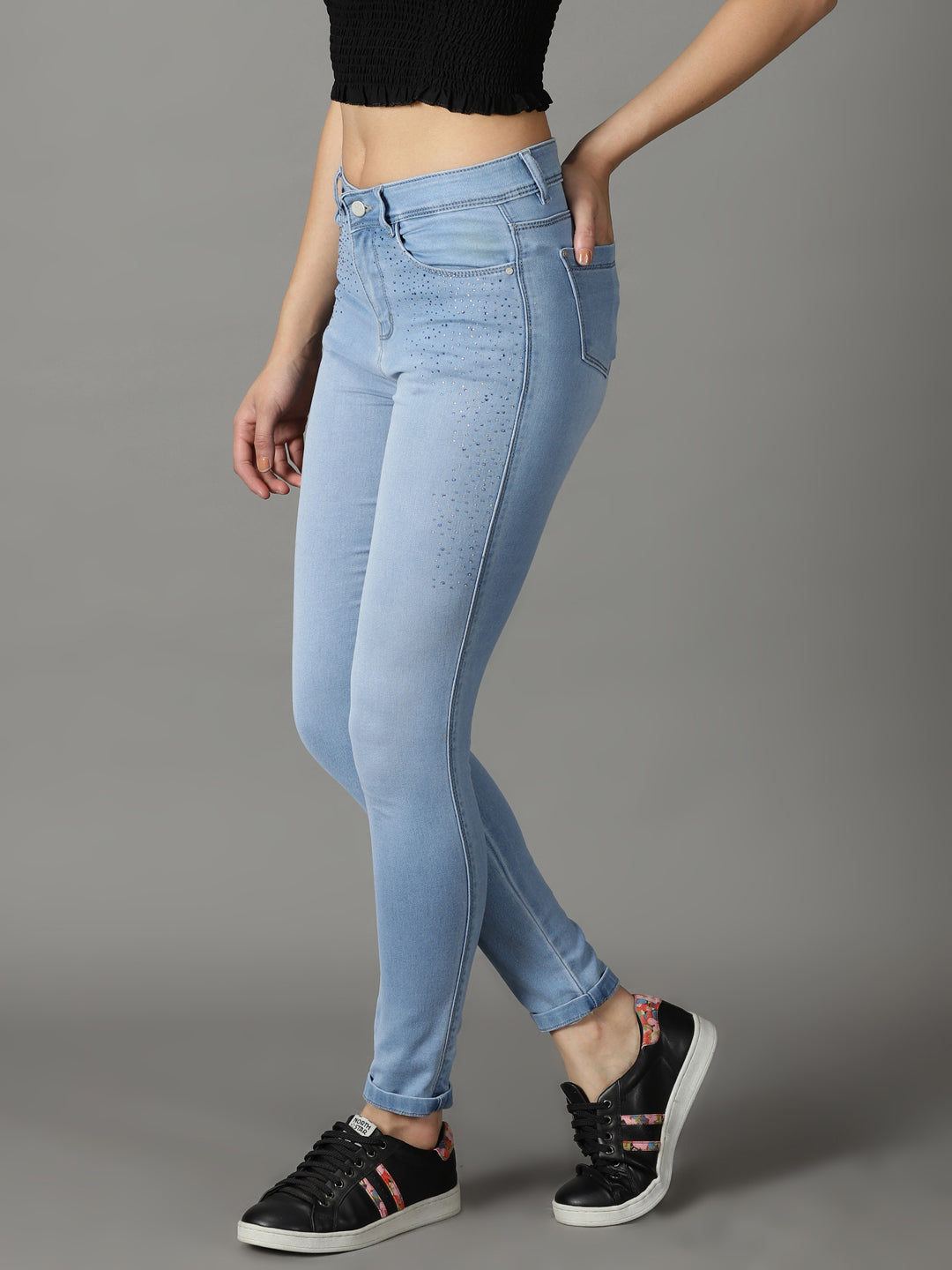 Women's Blue Solid Slim Fit Denim Jeans