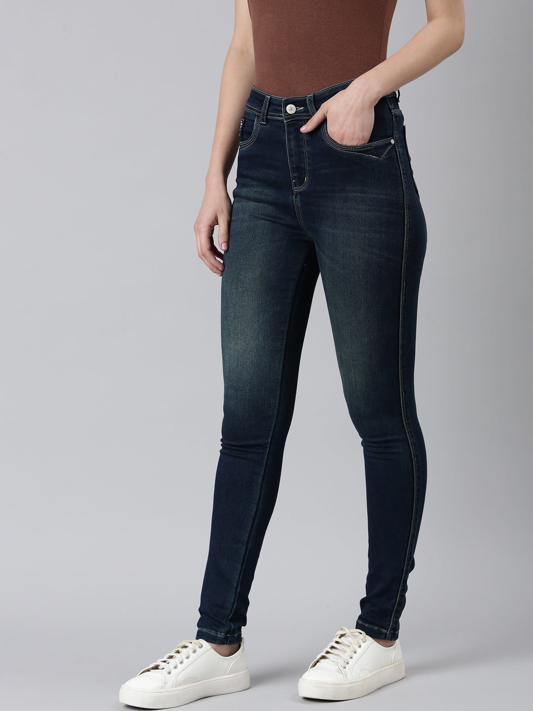 Women Navy Blue Solid Skinny Fit Denim Jeans