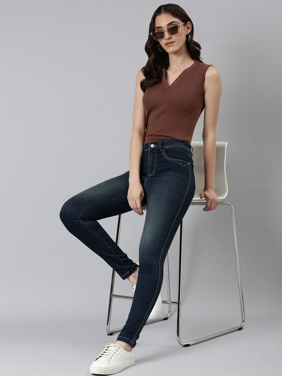 Women Navy Blue Solid Skinny Fit Denim Jeans