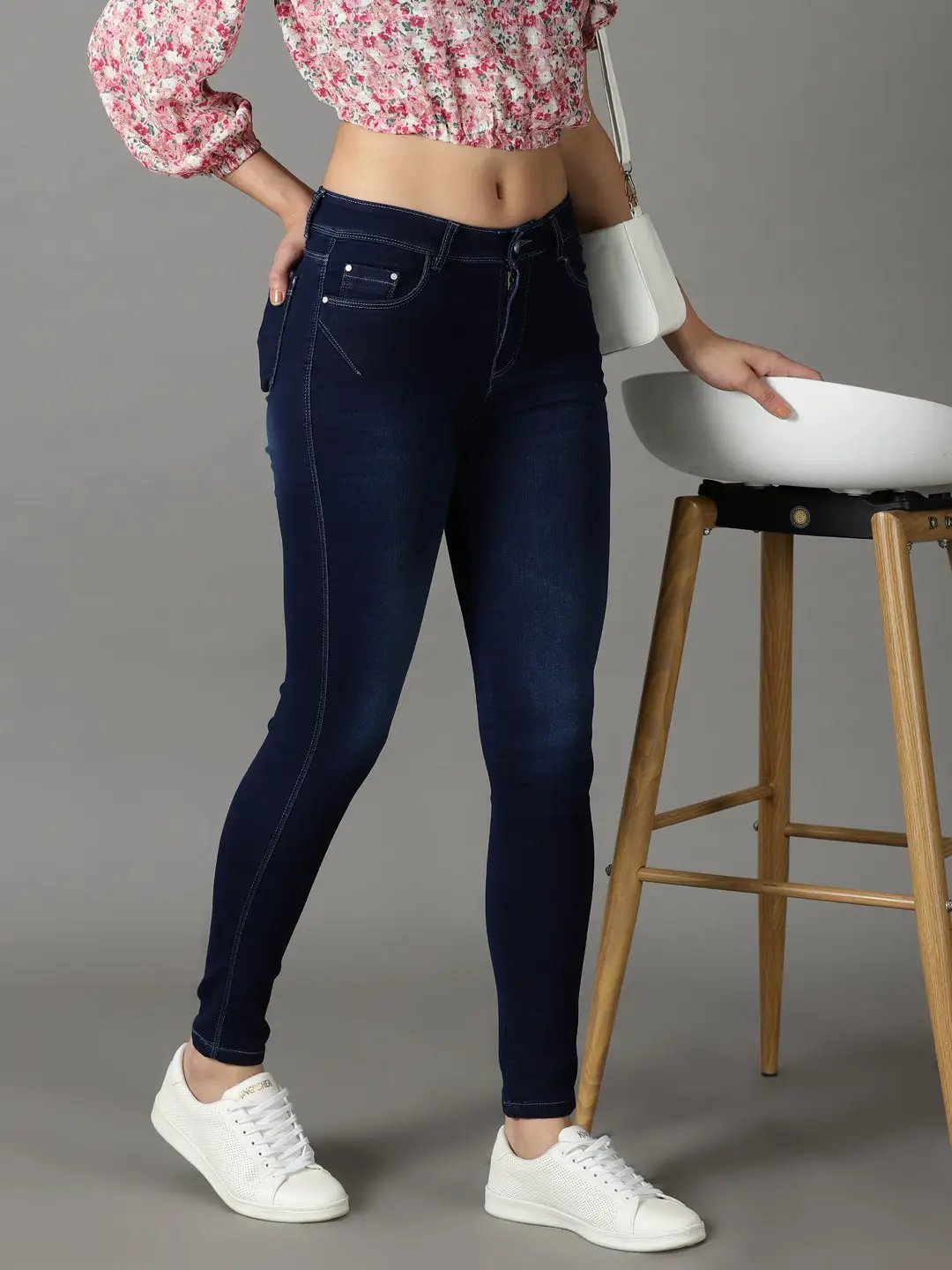 Women's Navy Blue Solid Slim Fit Denim Jeans