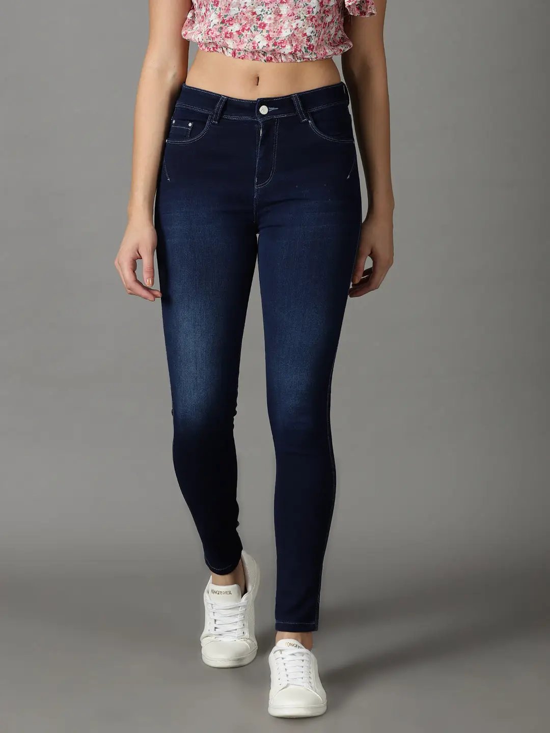 Women's Navy Blue Solid Slim Fit Denim Jeans