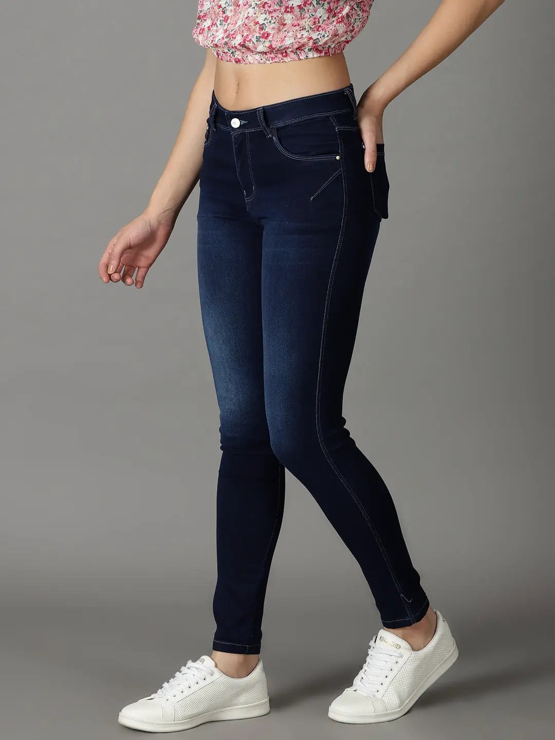 Women's Navy Blue Solid Slim Fit Denim Jeans