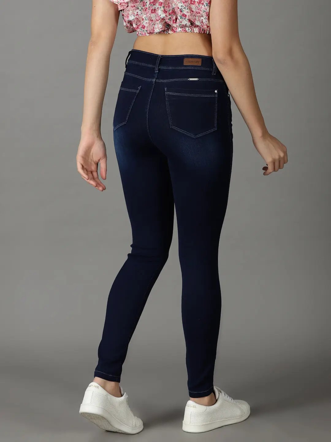Women's Navy Blue Solid Slim Fit Denim Jeans