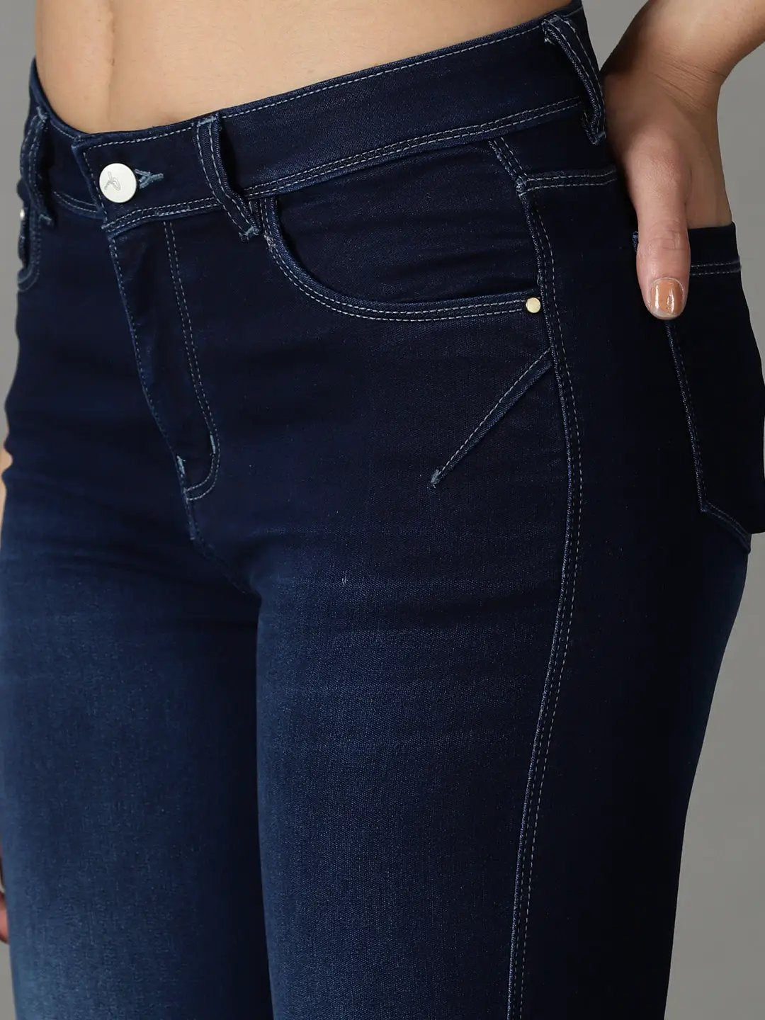 Women's Navy Blue Solid Slim Fit Denim Jeans