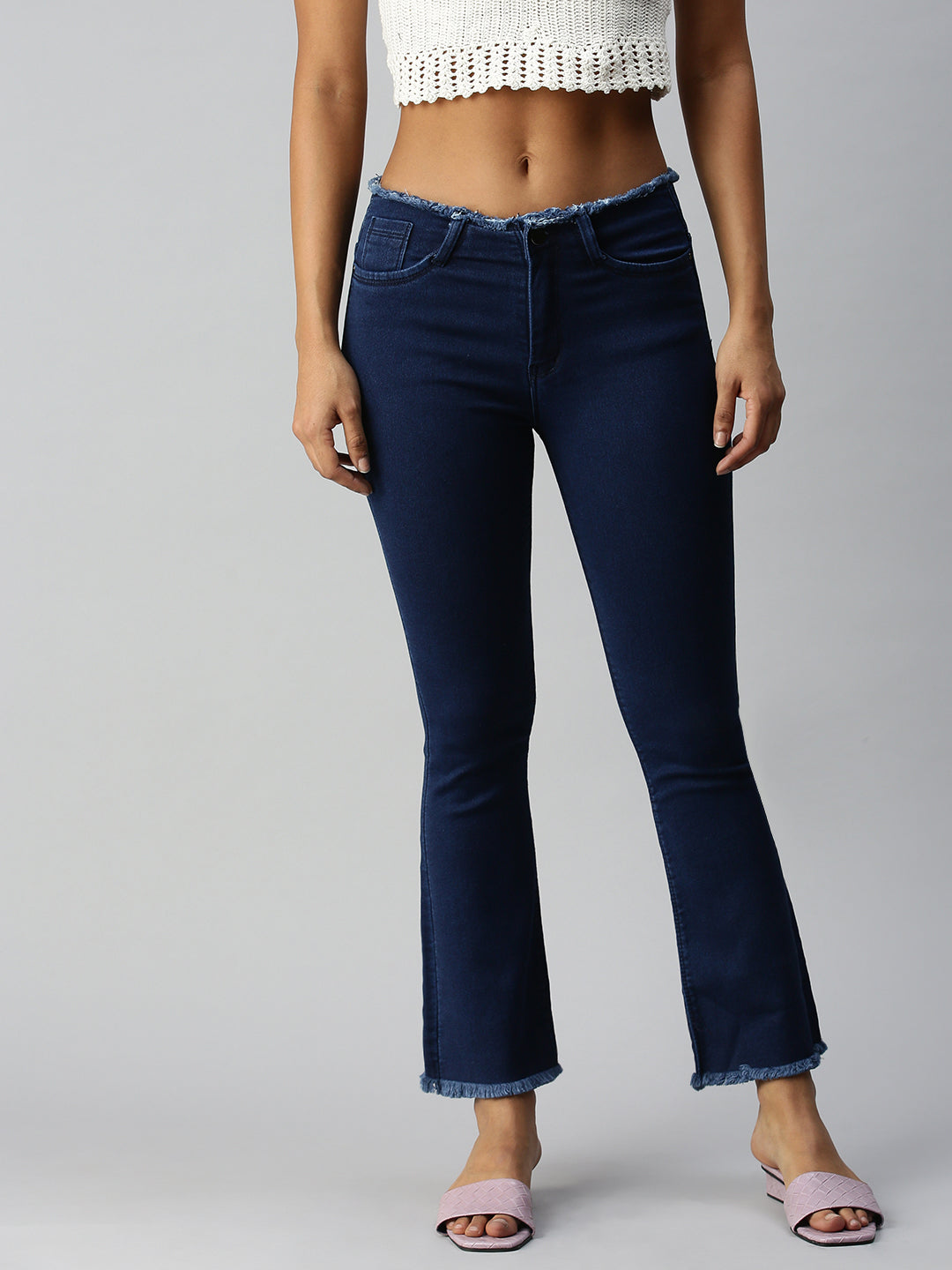 Women's Blue Solid Denim Flare Fit Jeans