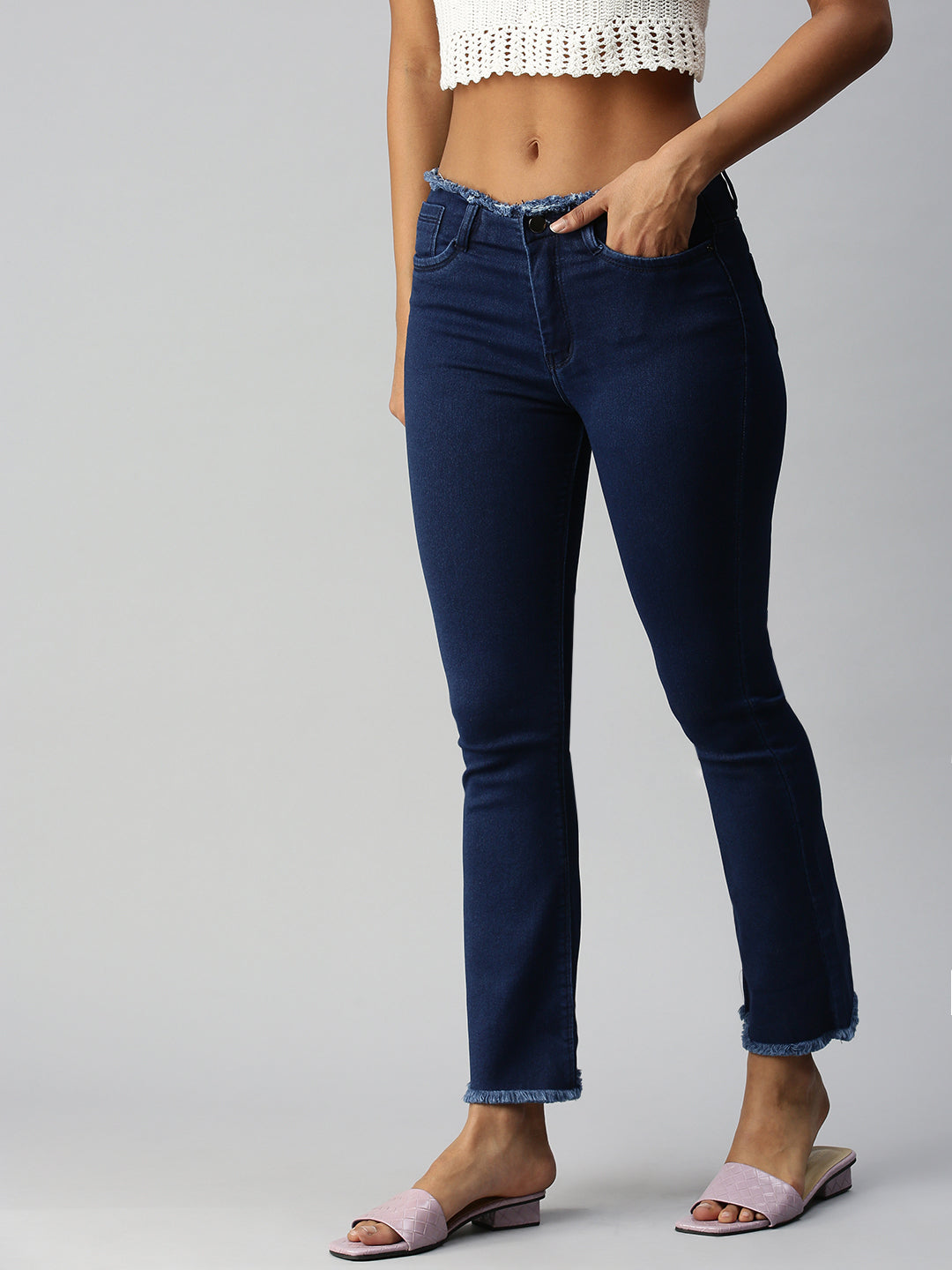 Women's Blue Solid Denim Flare Fit Jeans