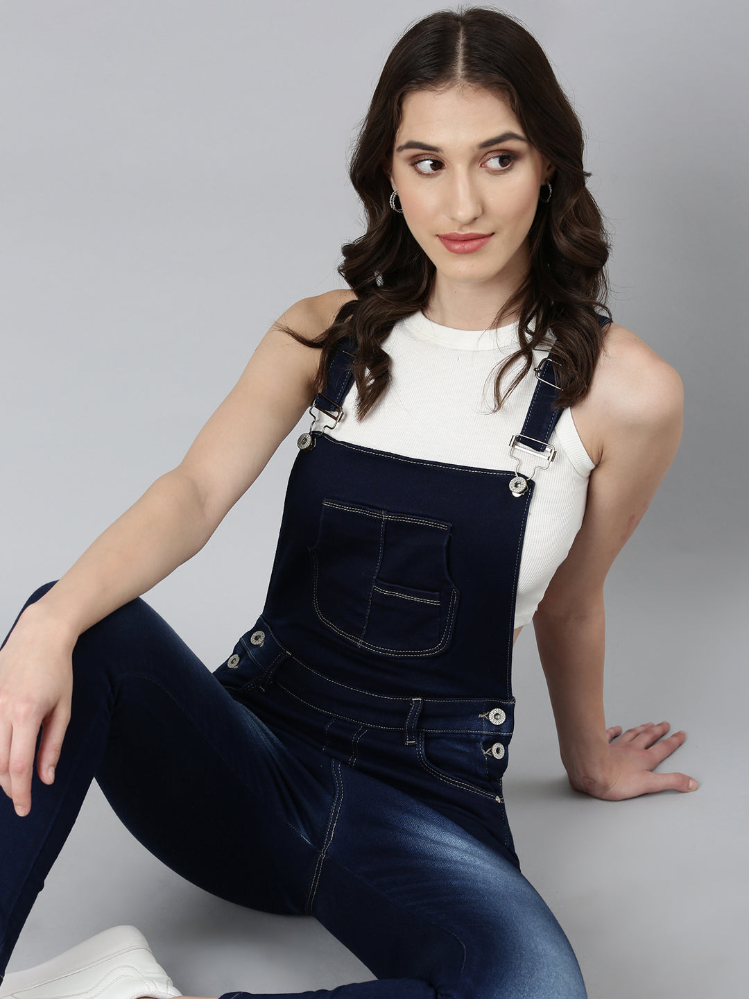 Women's Navy Blue Solid Dungaree