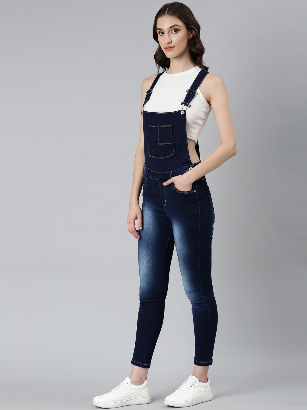 Women's Navy Blue Solid Dungaree