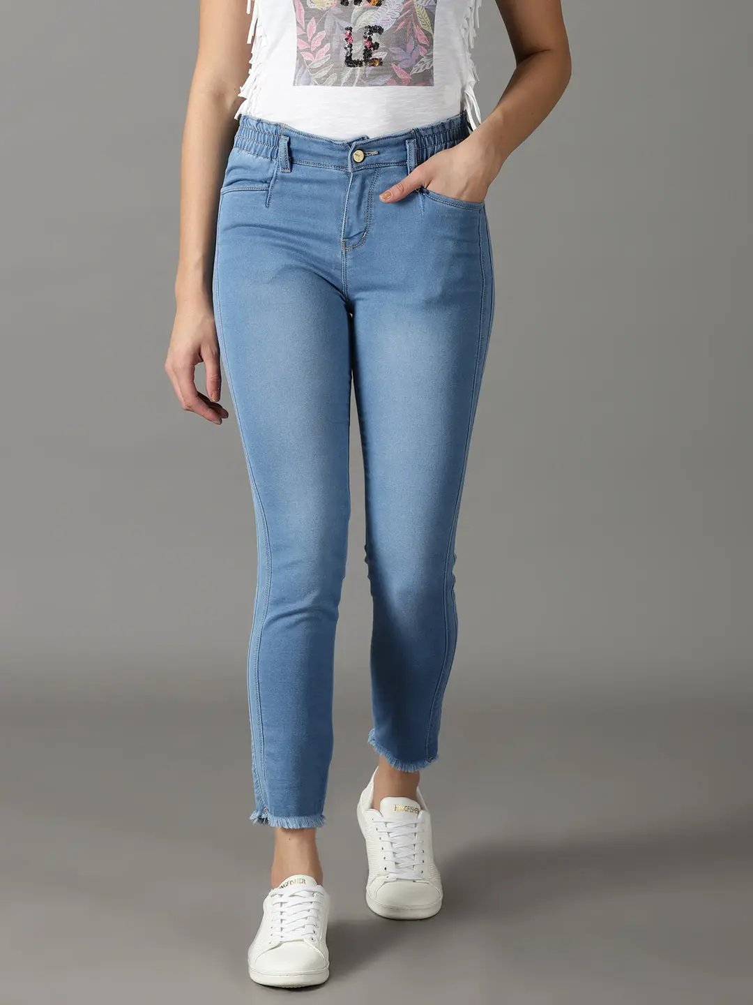Women's Blue Solid Mom Fit Denim Jeans