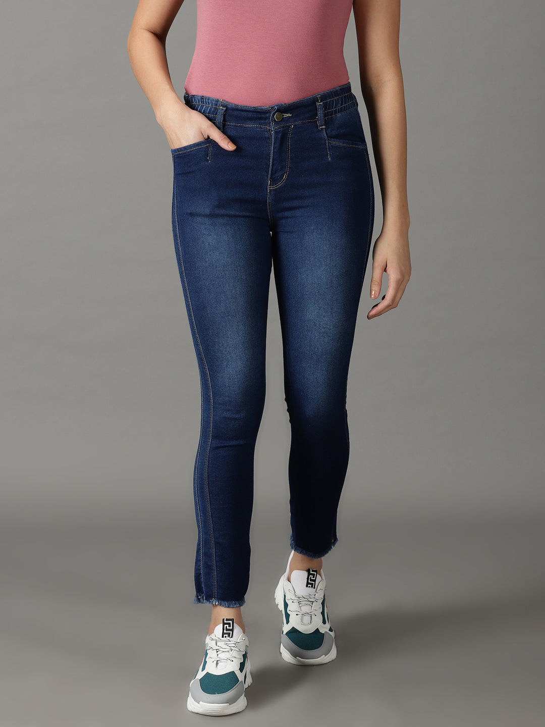 Women's Blue Solid Mom Fit Denim Jeans