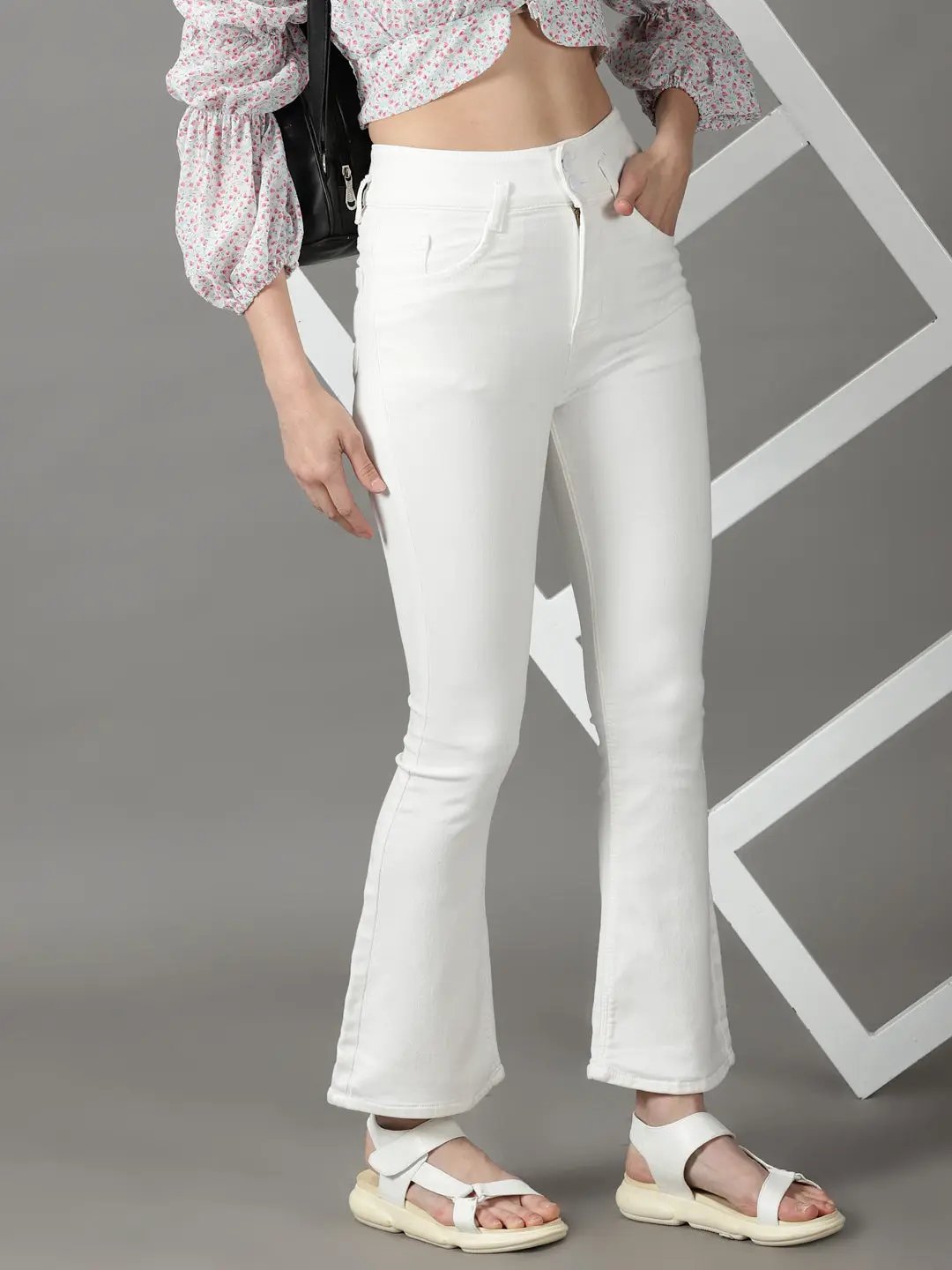 Women's White Solid Bootcut Denim Jeans