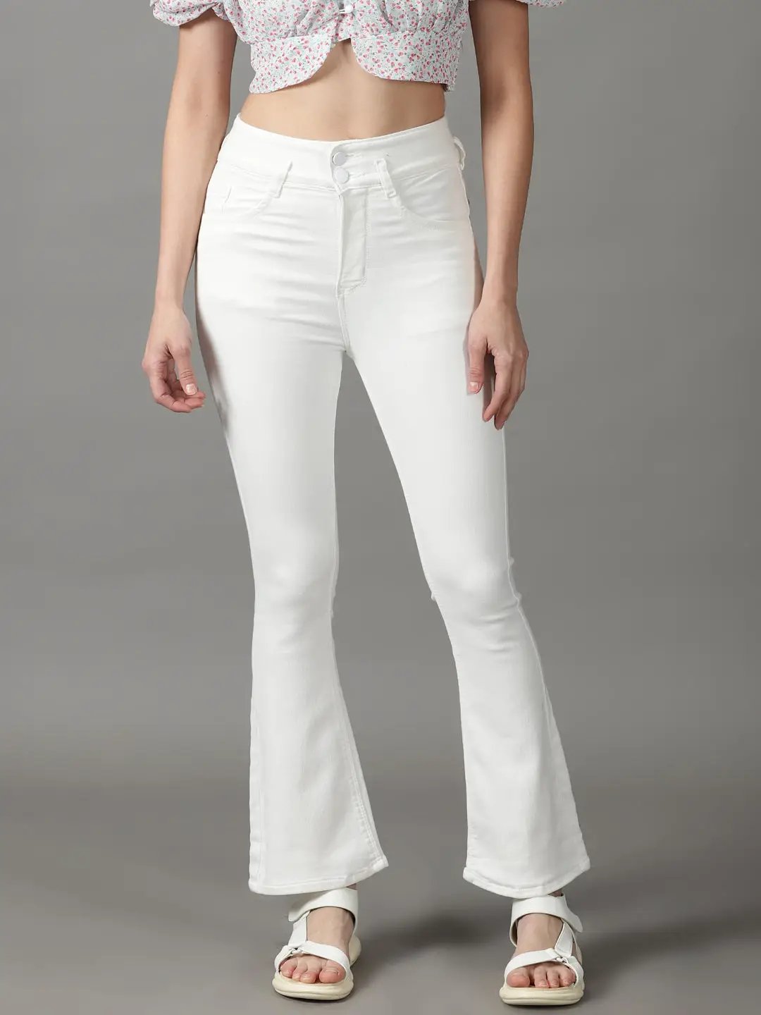 Women's White Solid Bootcut Denim Jeans