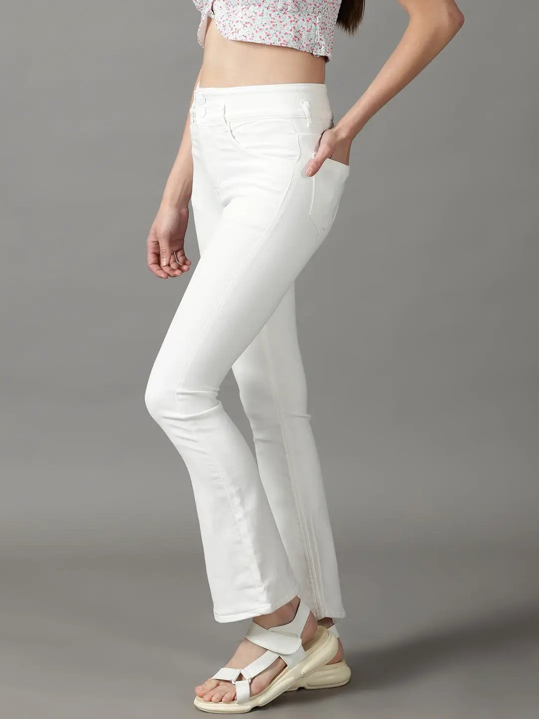 Women's White Solid Bootcut Denim Jeans