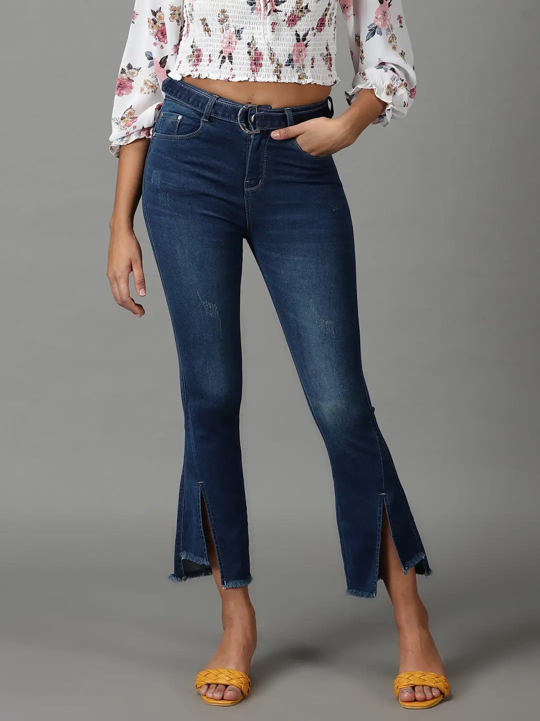 Women's Navy Blue Bootcut High-Rise Light Fade Acid Wash Stretchable Cotton Jeans