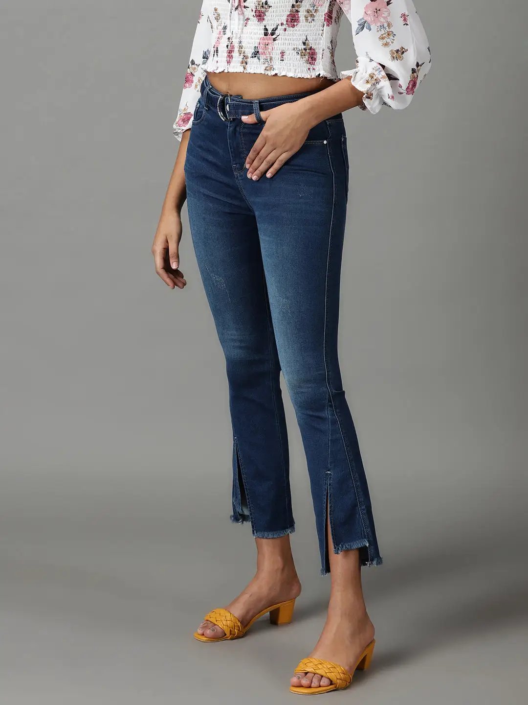 Women's Navy Blue Bootcut High-Rise Light Fade Acid Wash Stretchable Cotton Jeans