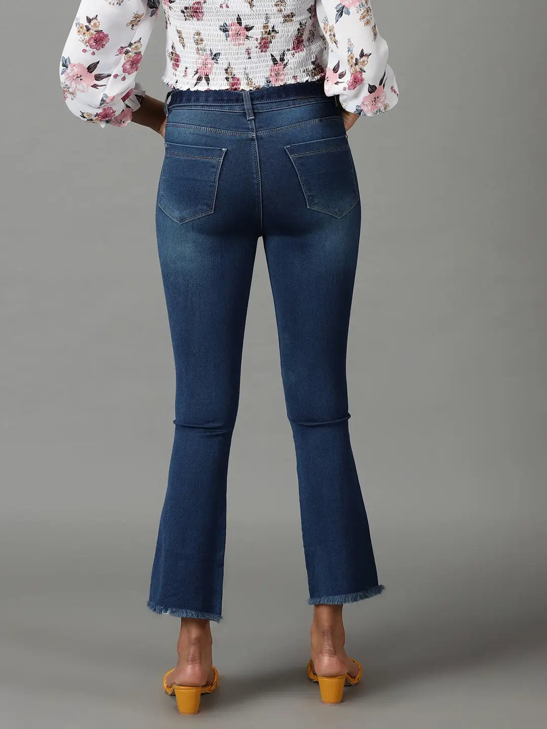 Women's Navy Blue Bootcut High-Rise Light Fade Acid Wash Stretchable Cotton Jeans