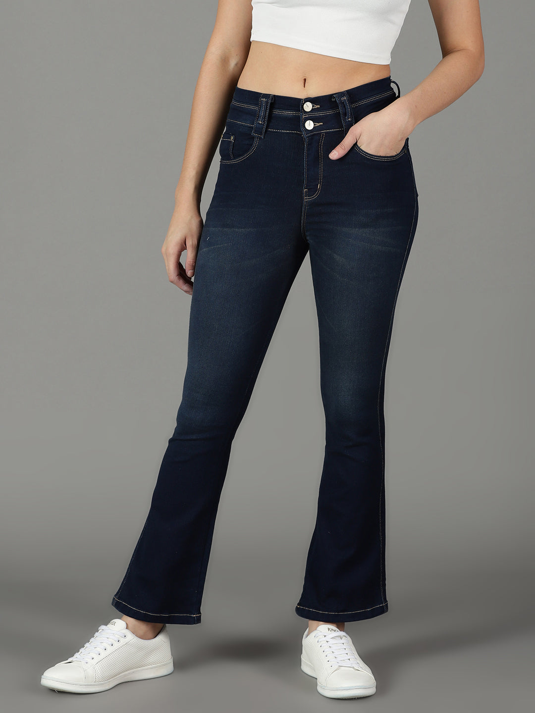 Women's Navy Blue Solid Bootcut Denim Jeans