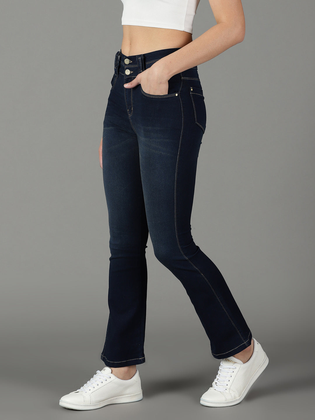 Women's Navy Blue Solid Bootcut Denim Jeans