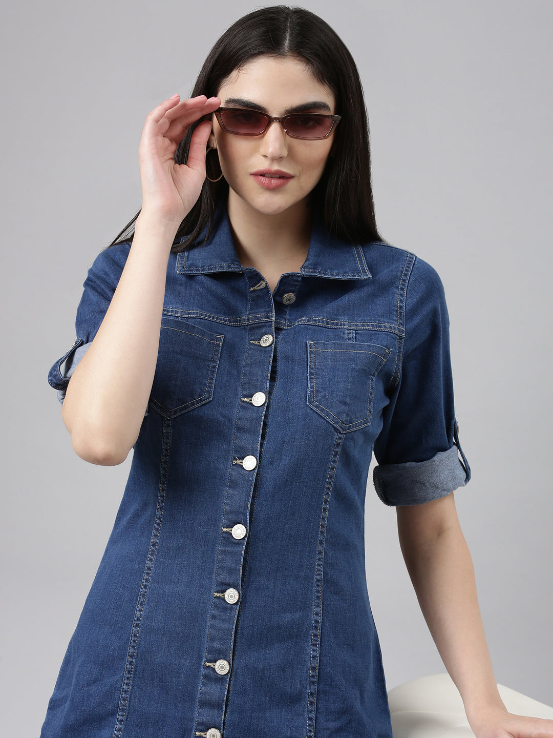 Women's Blue Solid A-Line Dress