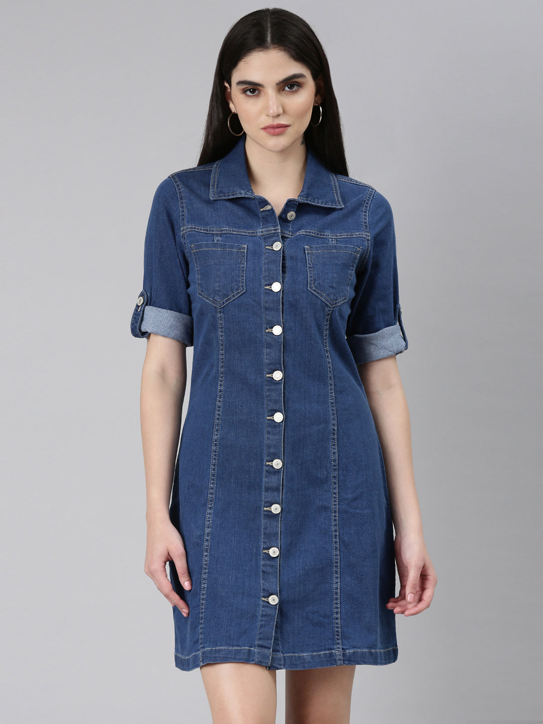 Women's Blue Solid A-Line Dress