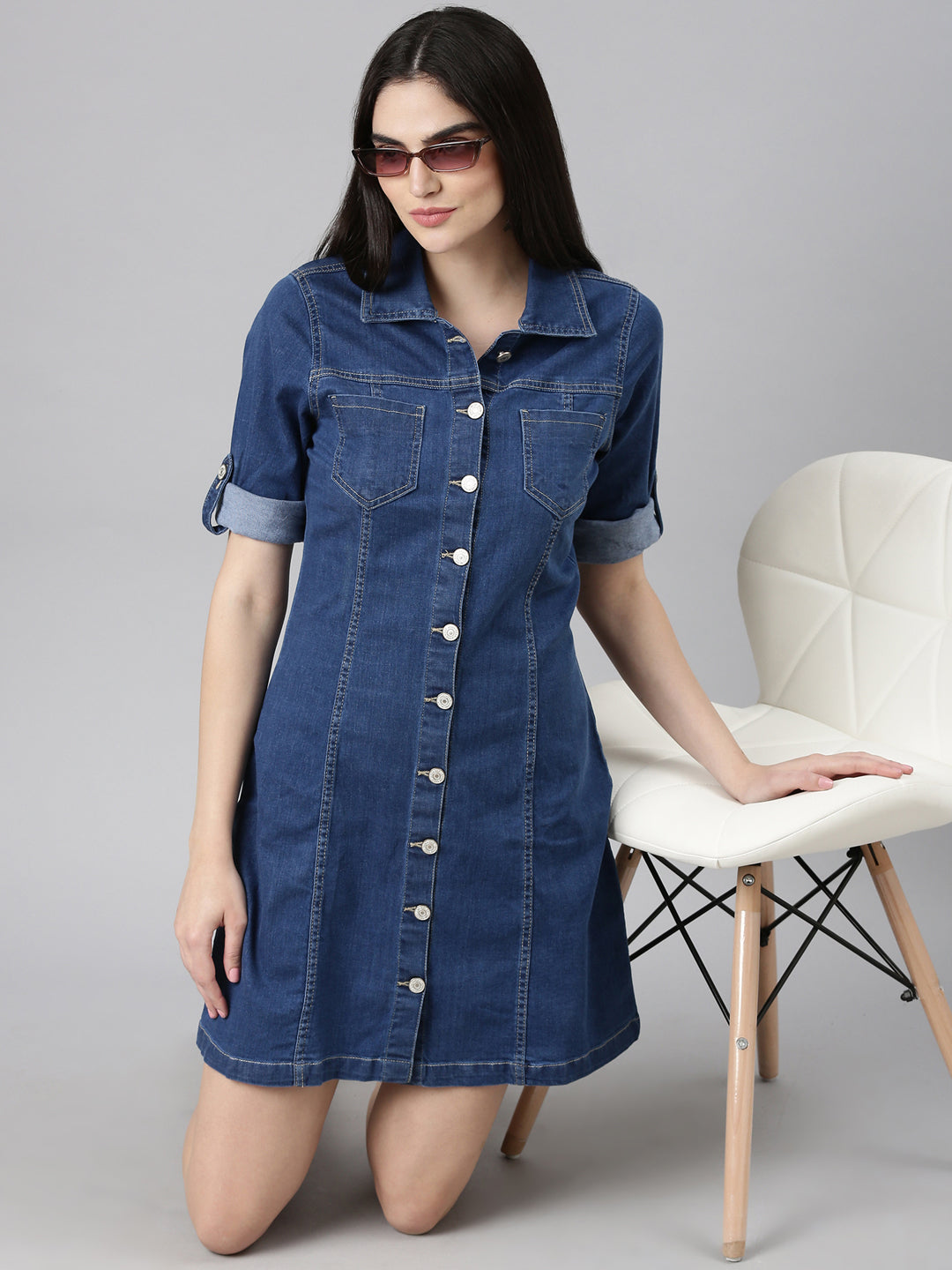 Women's Blue Solid A-Line Dress