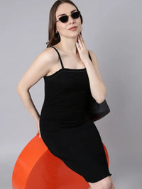 Women's Black Shoulder Straps Bodycon Cotton Midi Casual Dress