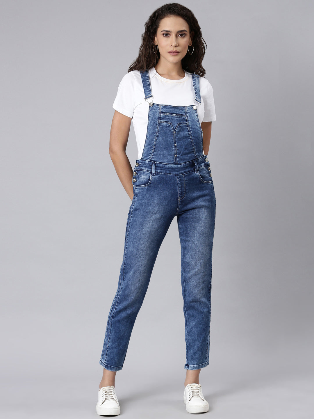 Women Blue Solid Dungaree