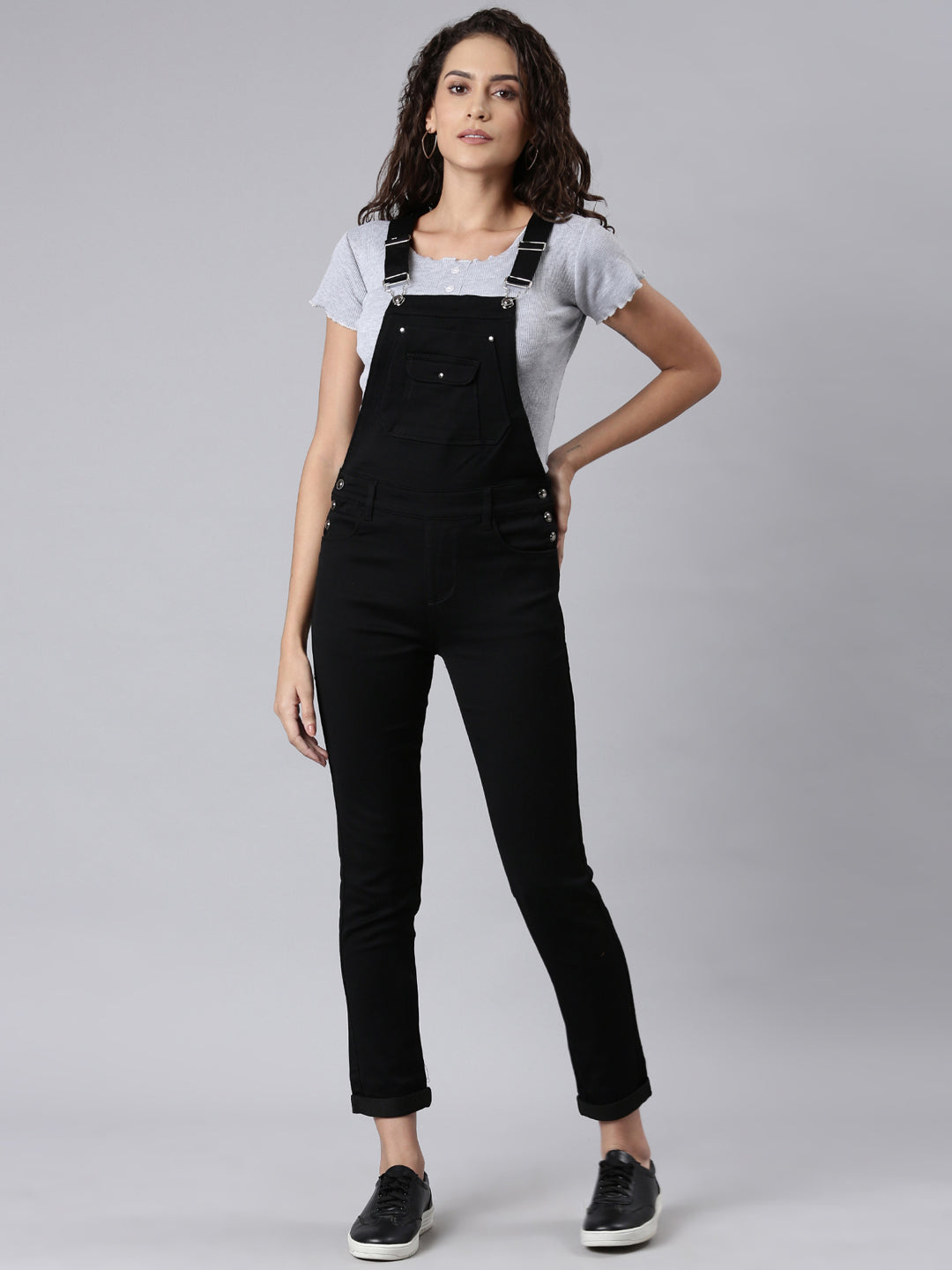 Women's Black Solid Dungaree