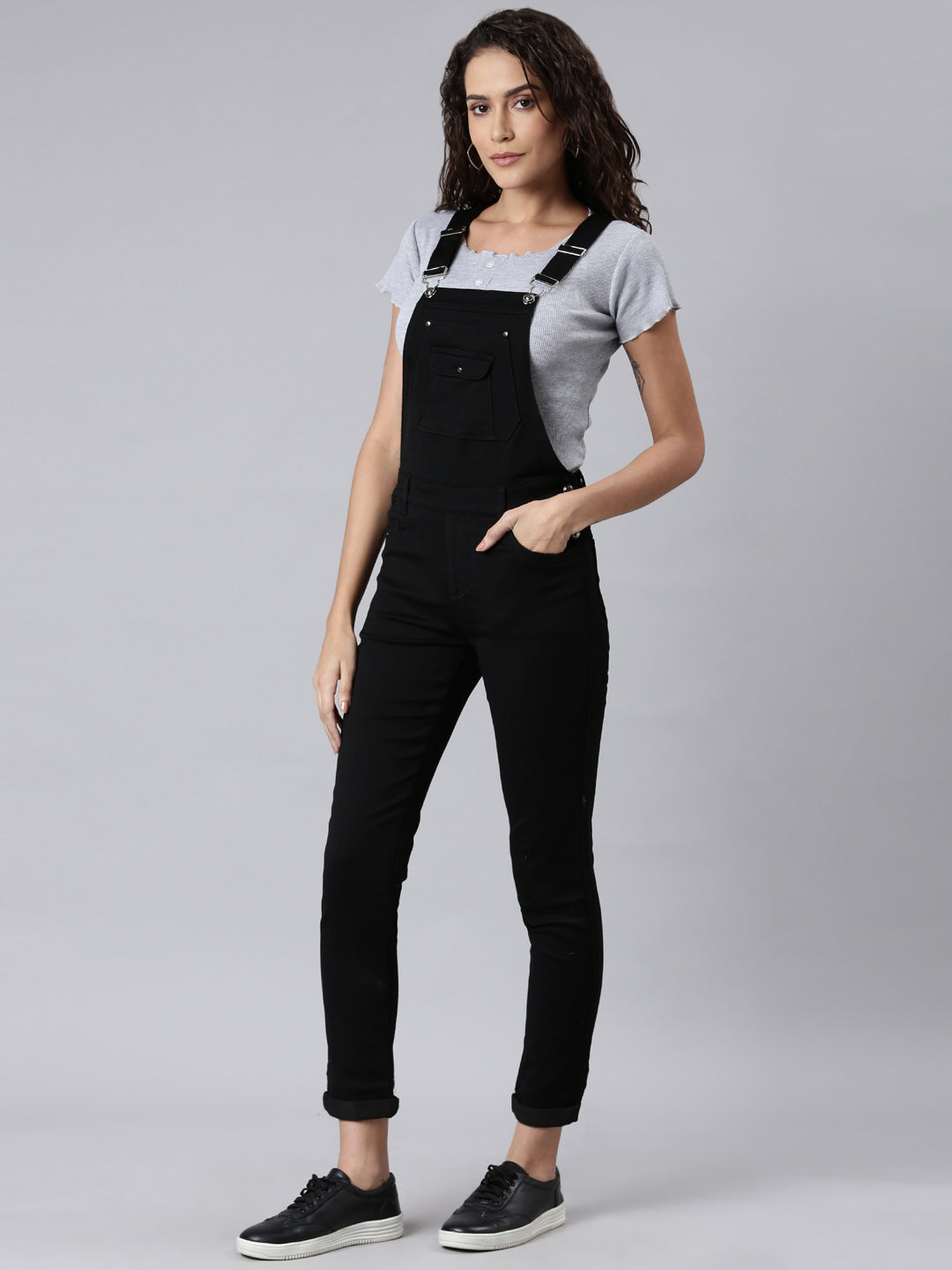 Women's Black Solid Dungaree
