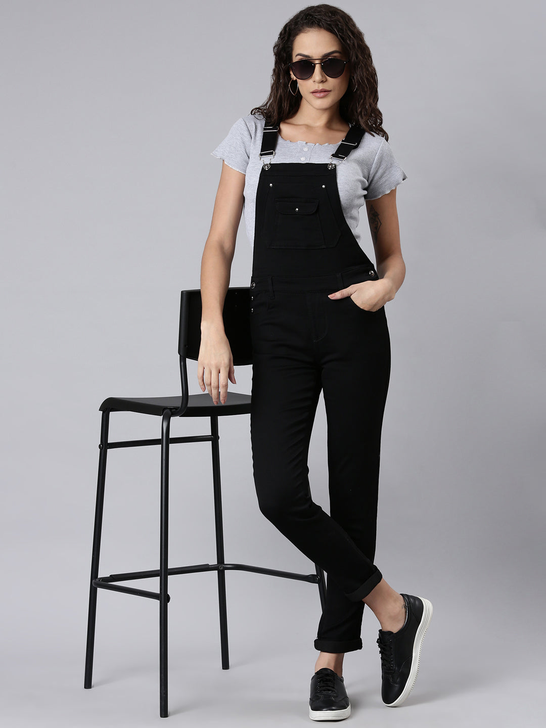 Women's Black Solid Dungaree