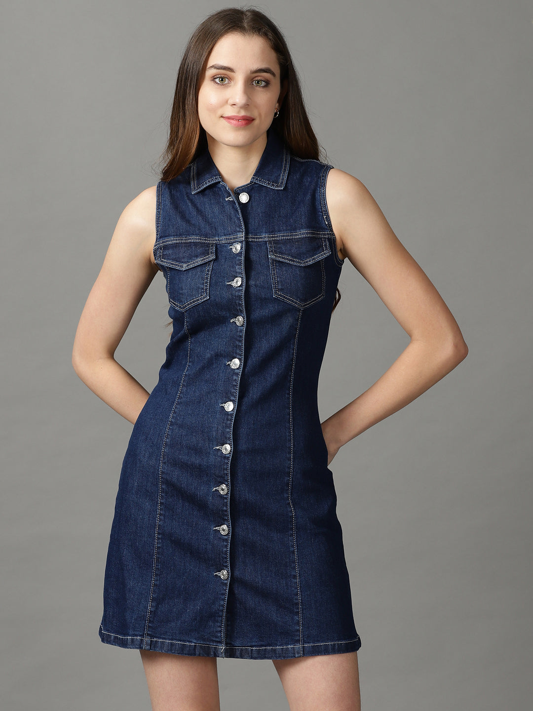 Women's Navy Blue Solid A-Line Dress