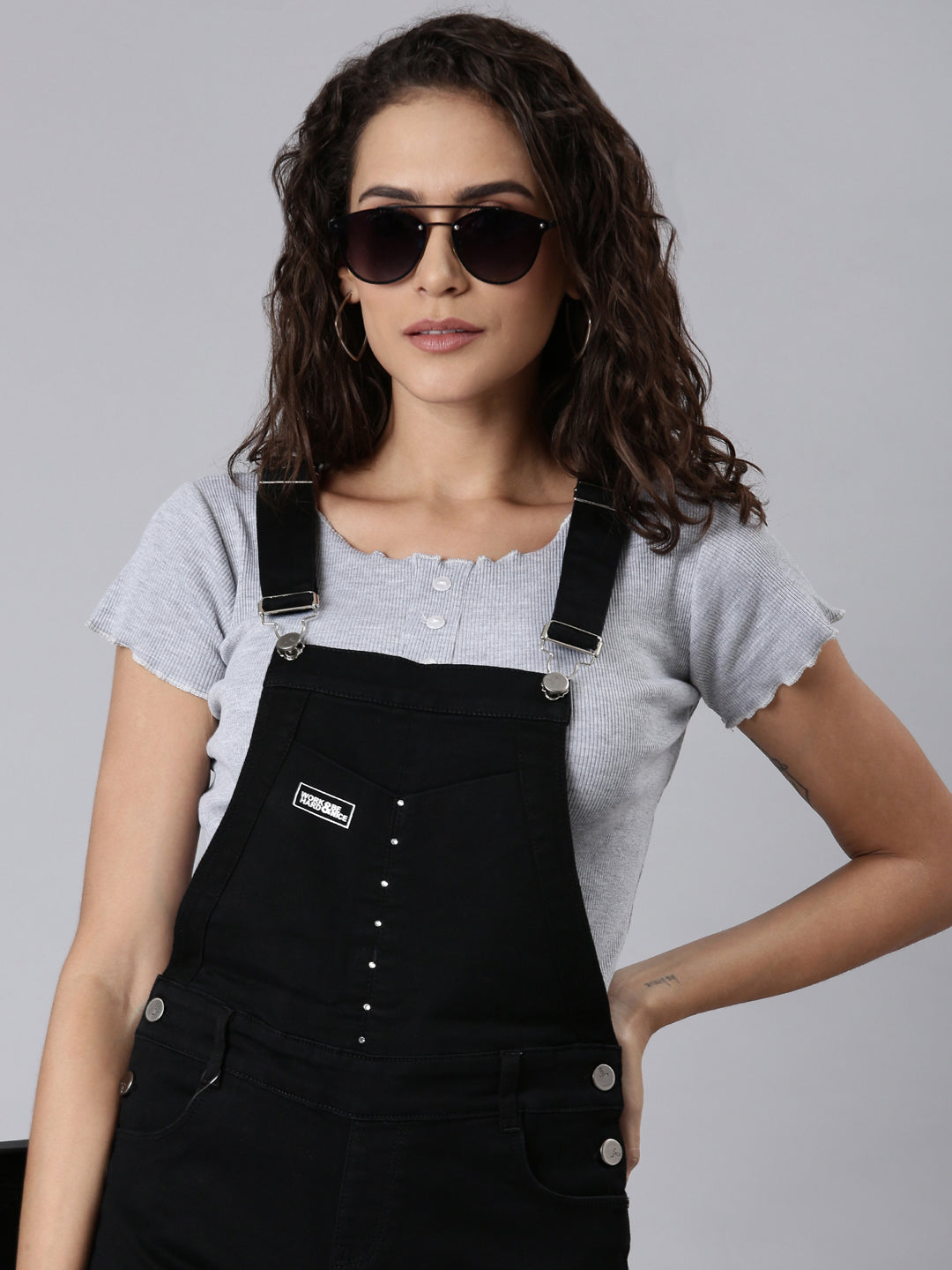 Women Black Solid Dungaree