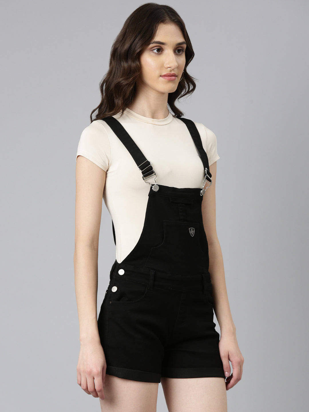 Women Black Solid Dungaree