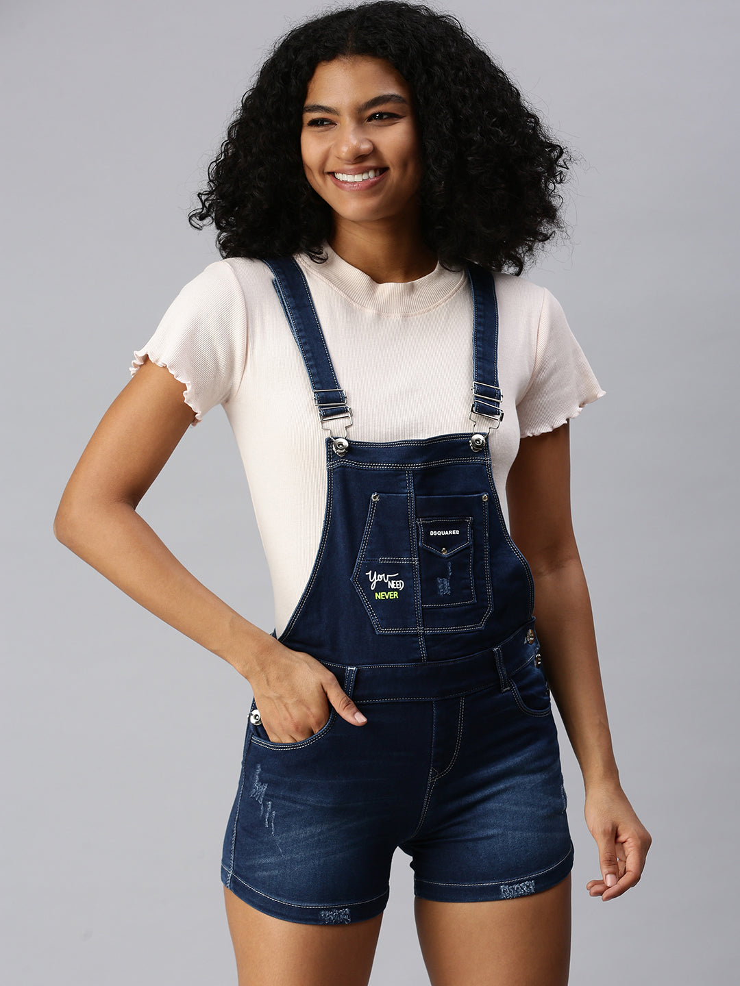 Women's Navy Blue Solid Denim Cotton Dungarees