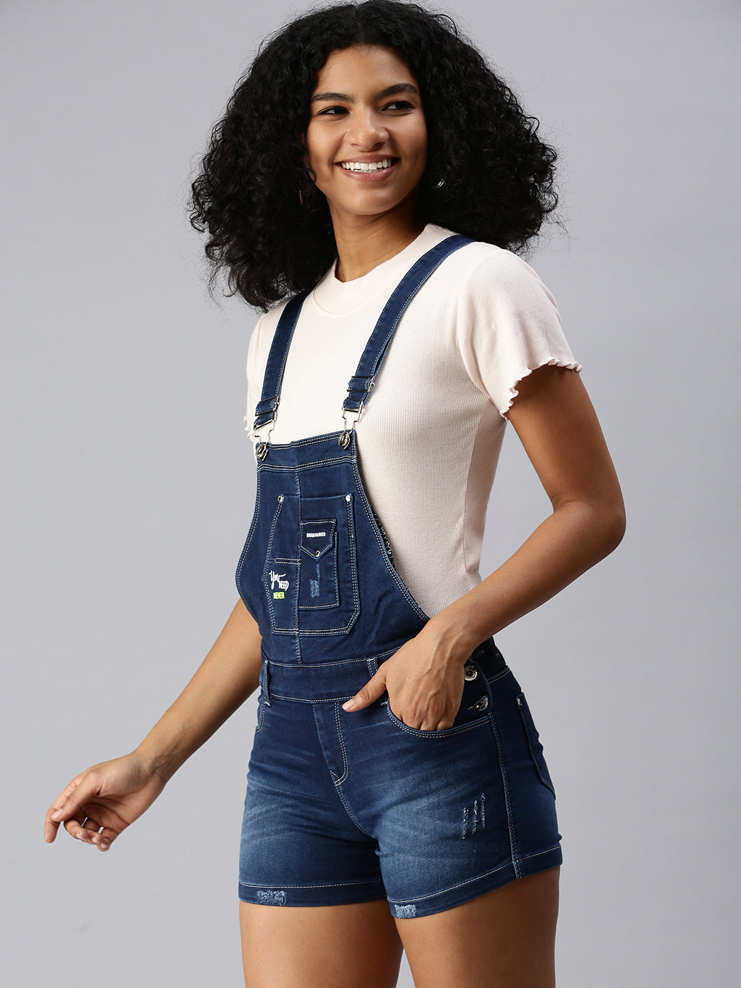Women's Navy Blue Solid Denim Cotton Dungarees
