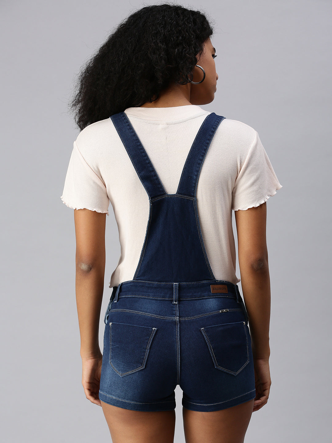 Women's Navy Blue Solid Denim Cotton Dungarees