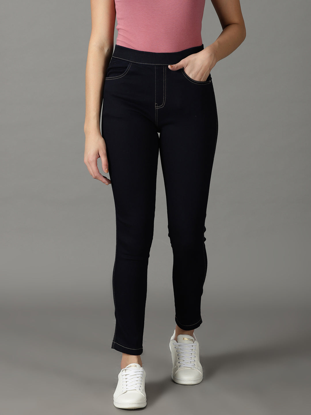 Women's Navy Blue Solid Fit Denim Jeans